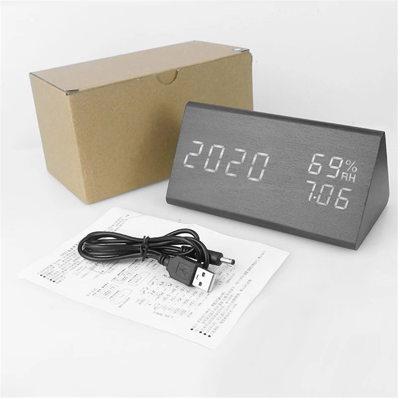 Wooden Alarm Clock Clock LED Time Display USB Charger Humidity and Temperature Detection Digital Alarm Clock For Bedside Table