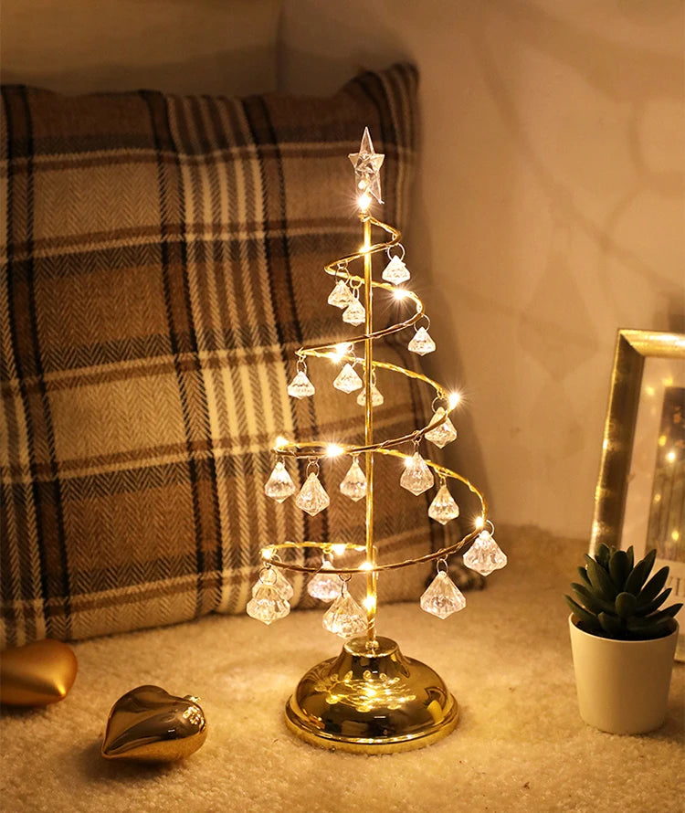 LED Christmas Tree Table Lamp Battery Power Modern Crystal Desk Decor Light Bedroom Living Room Christmas Gift Table Lights