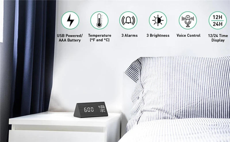 Wooden Alarm Clock Clock LED Time Display USB Charger Humidity and Temperature Detection Digital Alarm Clock For Bedside Table
