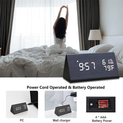 Wooden Alarm Clock Clock LED Time Display USB Charger Humidity and Temperature Detection Digital Alarm Clock For Bedside Table