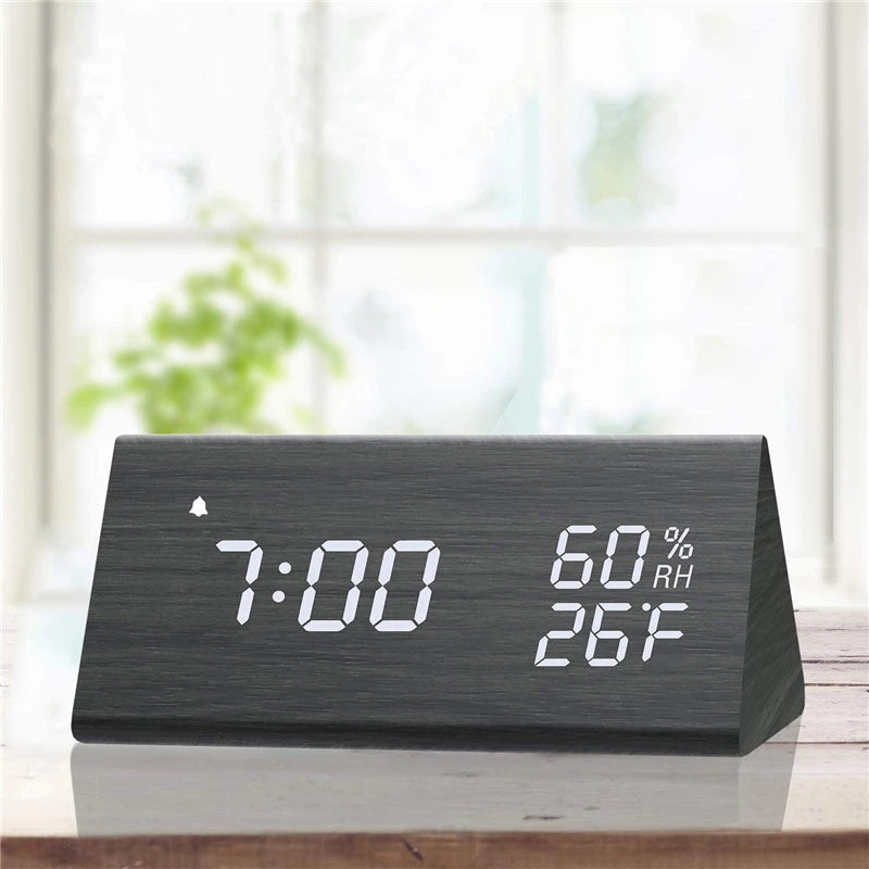 Wooden Alarm Clock Clock LED Time Display USB Charger Humidity and Temperature Detection Digital Alarm Clock For Bedside Table