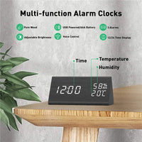 Wooden Alarm Clock Clock LED Time Display USB Charger Humidity and Temperature Detection Digital Alarm Clock For Bedside Table